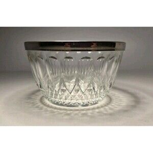 1960'S VINTAGE FRENCH CRYSTAL CUT BOWL SILVER TRIM 4" Reims Brand beautiful
